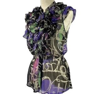 Desigual Top Womens Sz 36 Blouse Button Down Black Purple Graffiti Print Ruffles
